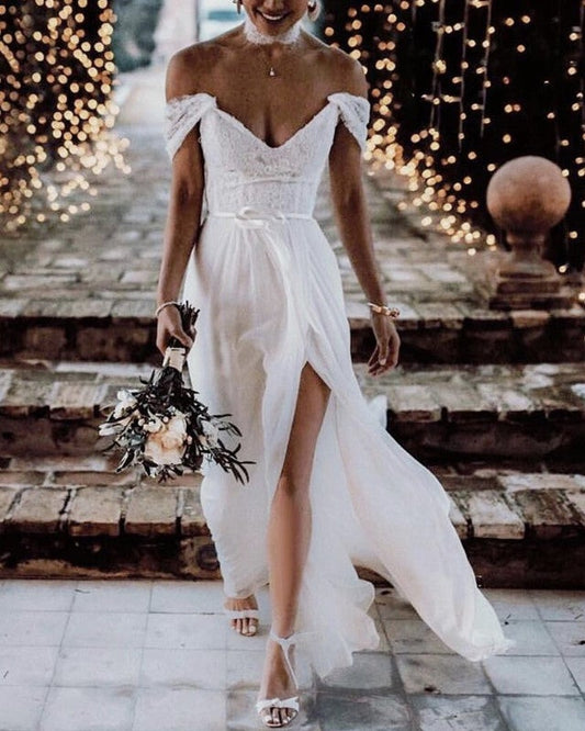 Lace Appliques Chiffon Beach Wedding Dresses Off Shoulder