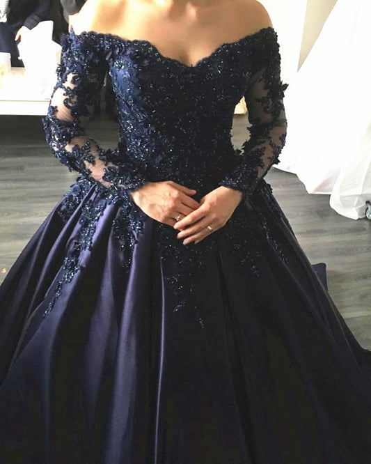 Lace Appliques Long Sleeves Ball Gowns Wedding Dresses Off Shoulder