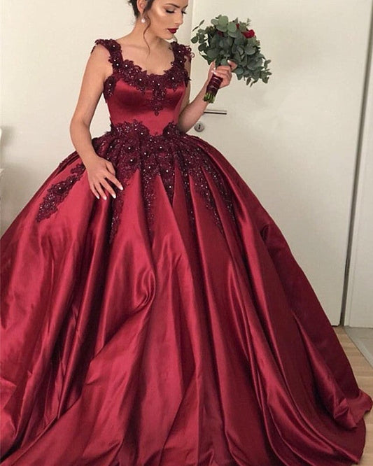Lace Beaded Sweetheart Satin Ball Gown Maroon Wedding Dresses