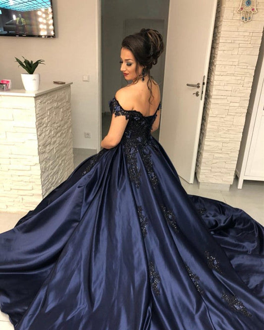 Lace Embroidery Beaded Off The Shoulder Satin Wedding Ballgown Dresses