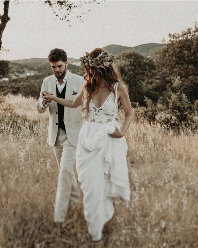 Lace Embroidery V Neck Chiffon Wedding Dresses Summer