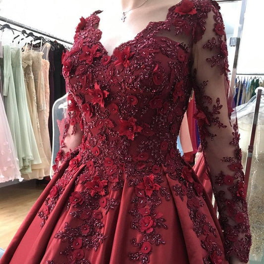 Lace Flower Beaded Long Sleeves Ball Gowns Wedding Dresses