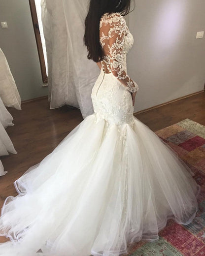 Lace Long Sleeves Ruffles Mermaid Wedding Dress