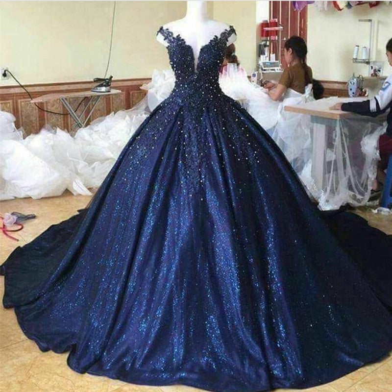 Lace Pearl Beaded V Neck Off Shoulder Ball Gowns