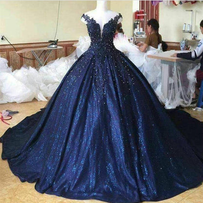 Lace Pearl Beaded V Neck Off Shoulder Ball Gowns