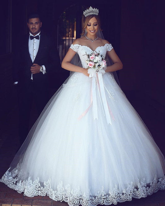 Lace Sweetheart Off Shoulder Tulle Ball Gowns Wedding Dresses