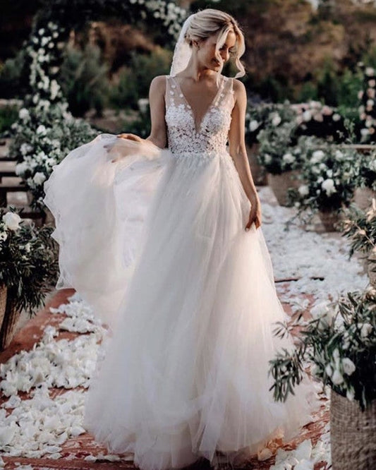 Lace V Neck Tulle Wedding Dress Destination