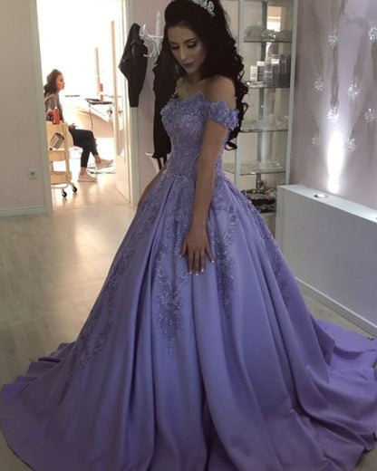 Lilac Lace Flowers Beaded V-neck Ball Gown Satin Dresses Off Shoulder