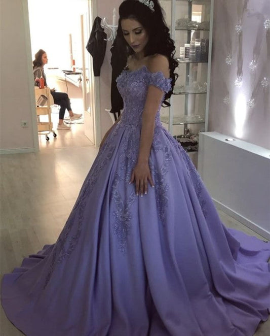 Lilac Lace Flowers Beaded V-neck Ball Gown Satin Dresses Off Shoulder