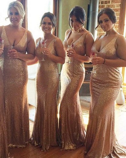Long Rose Gold V-neck Empire Waist Mermaid Sequined Bridesmaid Dresses