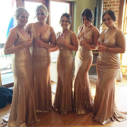 Long Rose Gold V-neck Empire Waist Mermaid Sequined Bridesmaid Dresses