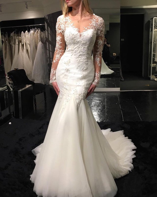 Long Sleeves Mermaid Wedding Dresses Lace Appliques