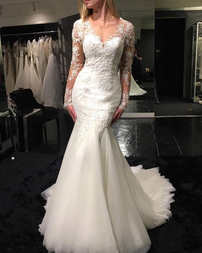 Long Sleeves Mermaid Wedding Dresses Lace Appliques