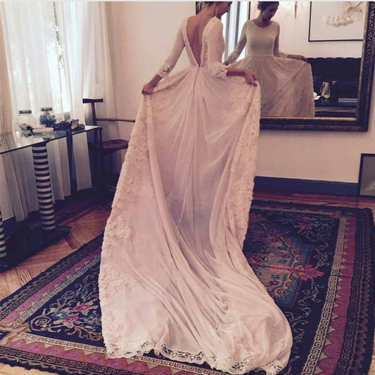 Long Sleeves Open Back Chiffon Wedding Dresses Lace Appliques
