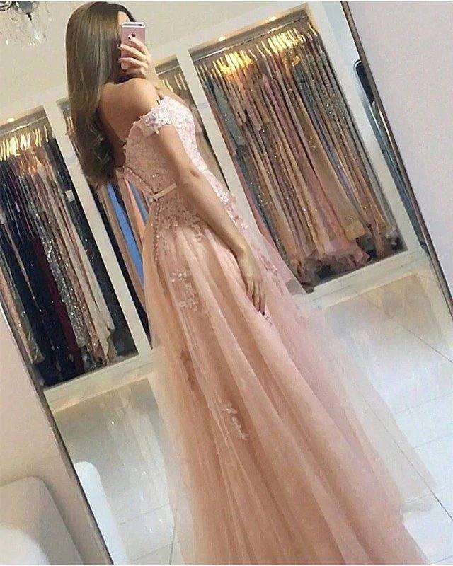 Lace Appliques Off Shoulder Tulle Bridesmaid Dresses Long - RongMoon