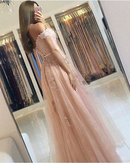 Lace Appliques Off Shoulder Tulle Bridesmaid Dresses Long - RongMoon
