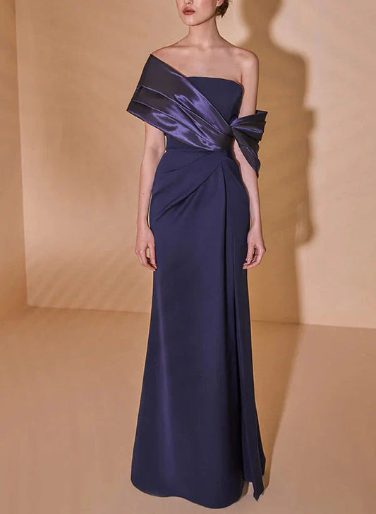 Pleated slim fit/column off shoulder mother of the bride dress