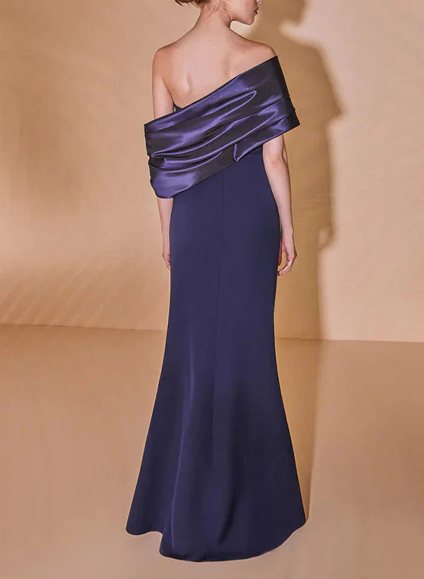 Pleated slim fit/column off shoulder mother of the bride dress