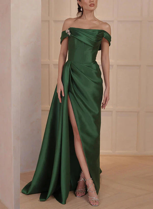 A-line/Princess Off Shoulder Satin Split Mother of the bride dress