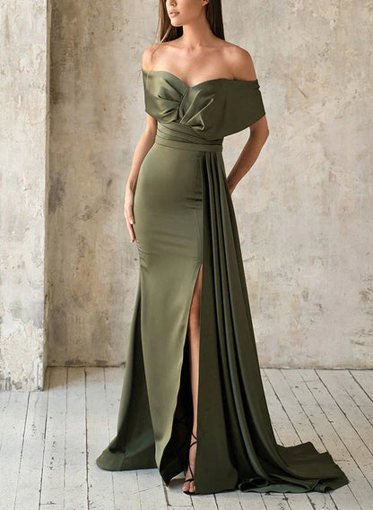 Loudspeaker/fishtail split off shoulder satin mother of the bride dress