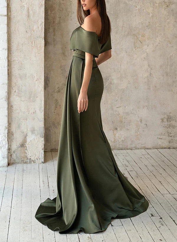 Loudspeaker/fishtail split off shoulder satin mother of the bride dress