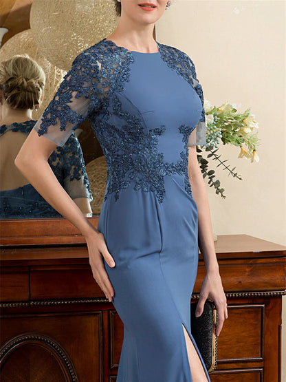 Speaker/fishtail short sleeved and ankle slit mother of the bride dresses