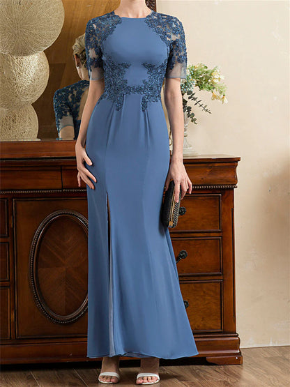 Speaker/fishtail short sleeved and ankle slit mother of the bride dresses