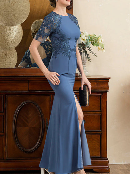 Speaker/fishtail short sleeved and ankle slit mother of the bride dresses