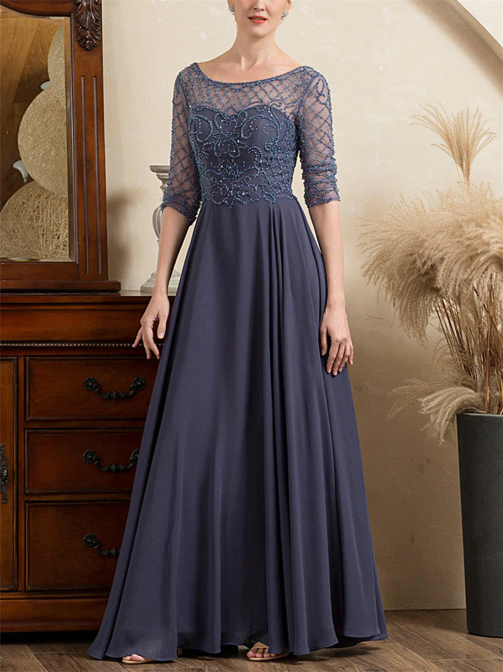A-line/Princess spoon short sleeved and ground beaded mother of the bride dresses