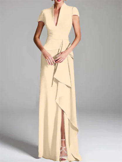 Tight fit/column V-neck to ground length mother of the bride dress