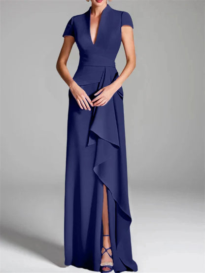 Tight fit/column V-neck to ground length mother of the bride dress