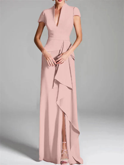Tight fit/column V-neck to ground length mother of the bride dress