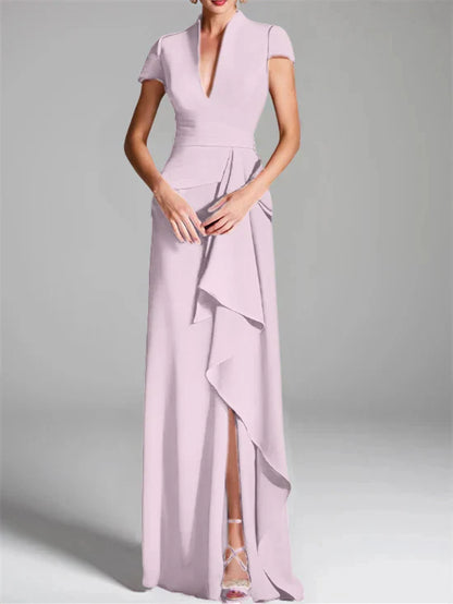 Tight fit/column V-neck to ground length mother of the bride dress
