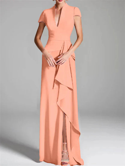 Tight fit/column V-neck to ground length mother of the bride dress
