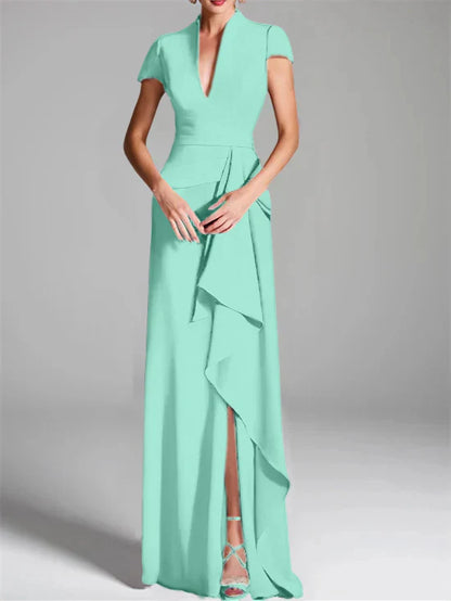Tight fit/column V-neck to ground length mother of the bride dress