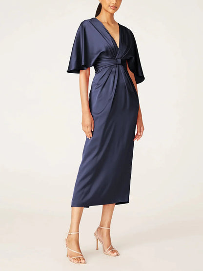 Slim fit/column V-neck half sleeved tea long ruffled edge mother of the bride dresses