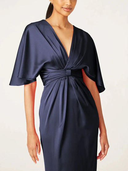 Slim fit/column V-neck half sleeved tea long ruffled edge mother of the bride dresses