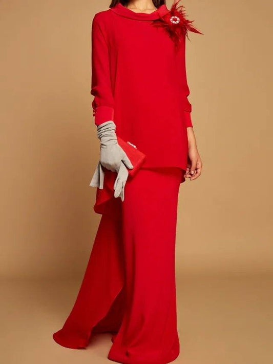 Sheath / Column Mother of the Bride Dress Elegant Jewel Neck Floor Length Chiffon Long Sleeve with Ruffles Flower - RongMoon