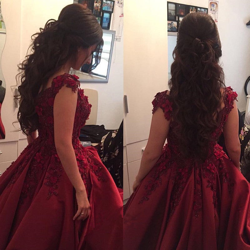 Maroon Satin Ball Gown Lace Off Shoulder