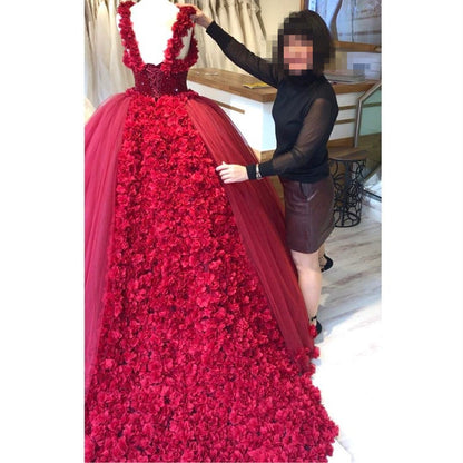 Maroon Tulle Ball Gown Flower Wedding Dresses With Crystal Beaded Bodice