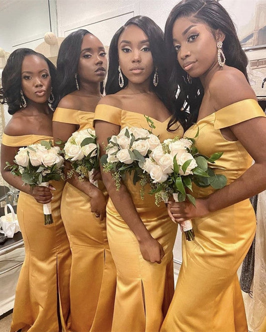 Mermaid Split Bridesmaid Dresses Satin Off Shoulder
