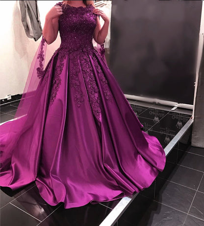 Modest Burgundy Ball Gown Satin Dress Lace Cap Sleeves