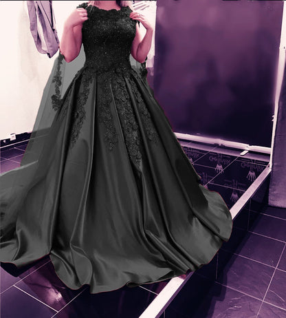 Modest Burgundy Ball Gown Satin Dress Lace Cap Sleeves