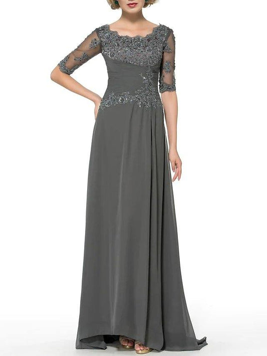 Sheath / Column Mother of the Bride Dress Elegant Sparkle & Shine Jewel Neck Sweep / Brush Train Chiffon Half Sleeve with Beading Sequin Appliques - RongMoon