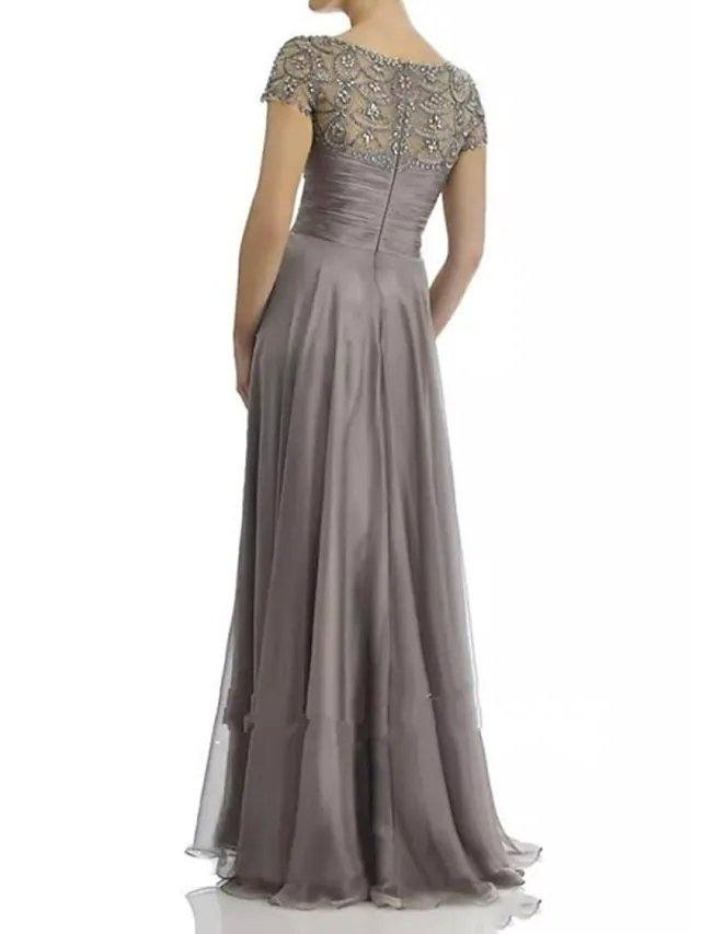 A-Line Mother of the Bride Dress Elegant Jewel Neck Floor Length Chiffon Satin Short Sleeve with Beading Sequin Draping - RongMoon