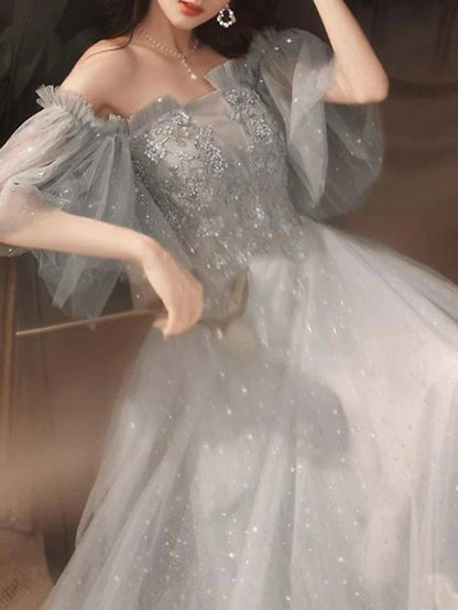 A-Line Glittering Elegant Engagement Formal Evening Dress Off Shoulder Half Sleeve Floor Length Tulle with Pleats Beading Sequin - RongMoon