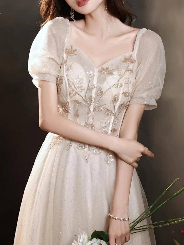 A-Line Luxurious Princess Engagement Prom Dress Off Shoulder Short Sleeve Floor Length Tulle with Appliques - RongMoon