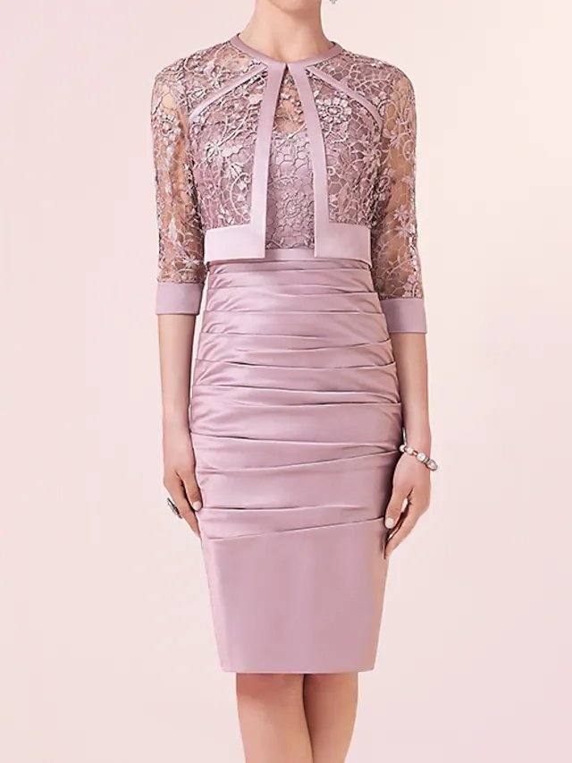 Two Piece Sheath / Column Mother of the Bride Dress Elegant Jewel Neck Knee Length Lace Satin 3/4 Length Sleeve with Appliques Ruching - RongMoon