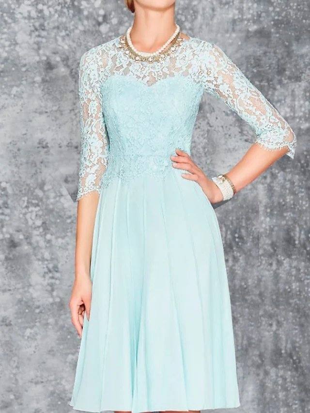 Two Piece A-Line Mother of the Bride Dress Elegant Jewel Neck Knee Length Chiffon Lace 3/4 Length Sleeve with Pleats Embroidery - RongMoon