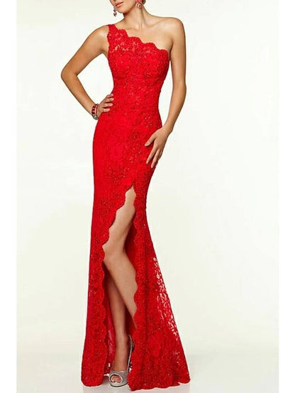 Sheath / Column Open Back Prom Formal Evening Valentine's Day Dress One Shoulder Sleeveless Floor Length Lace with Split Front - RongMoon